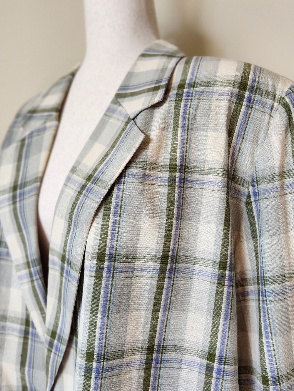 Linen Plaid Blazer Jacket By Requirements Womens 20W Plus Size Green Blue Ivory